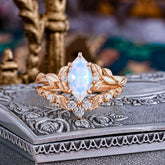 Nature-Inspired 6 Prong Marquise Moonstone Engagement Ring Set with Vine Motif